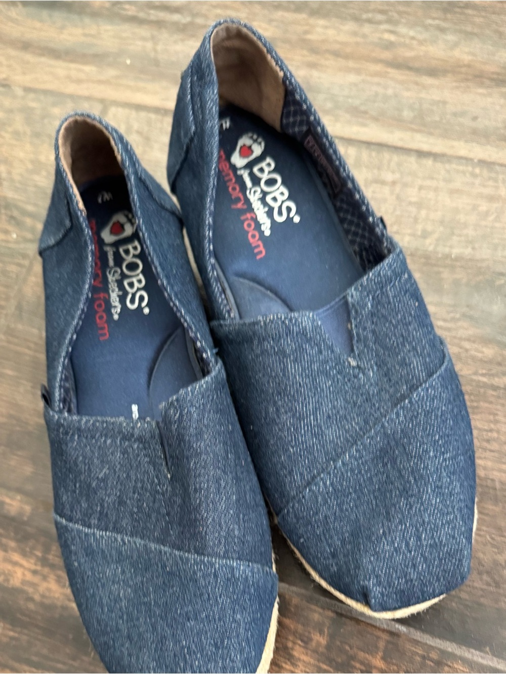 BOBS from Skechers Blue Denim Espadrille Slip On Flat Shoes EUC Size 7